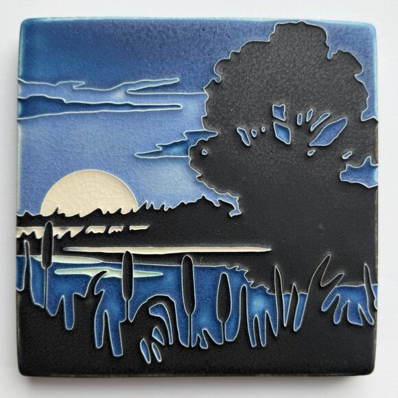 Motawi Tileworks Marsh Moon Ceramic Pottery Tile 6" x 6" Yoshiko Yamamoto - Picture 1 of 4